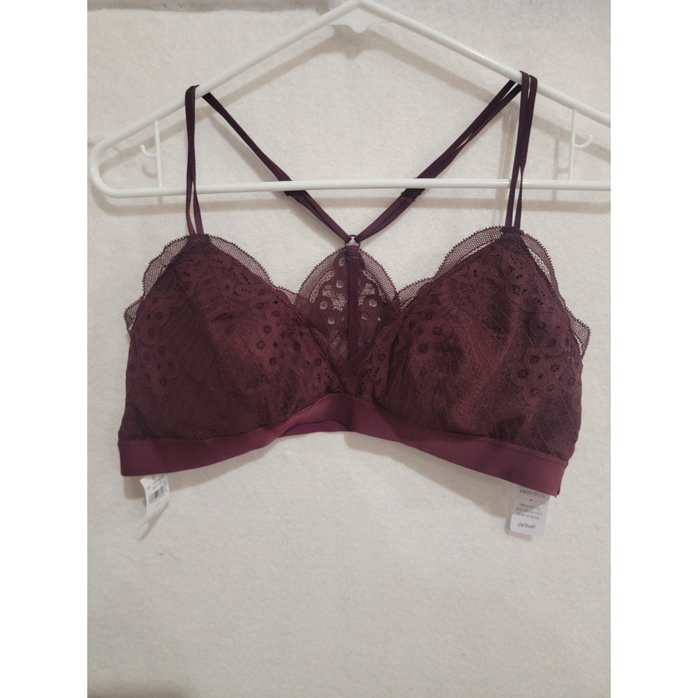 Aerie NWT L Large Maroon Floral Lace Wireless Padded‎ Triangle Bralette